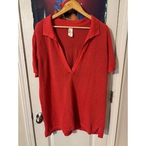 Pact Organic Cotton Open Knit Polo Shirt Red Short Sleeve Mesh V-Neck XL